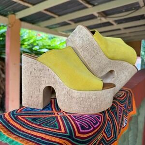 Yellow Platform‎ Mules Women's Size 6.5 US 37 EU Chunky Heel Slip On Shoes